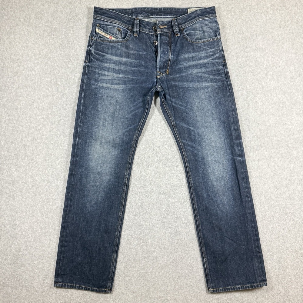 Diesel LARKEE Jeans Men 32x30 Blue Straight Leg Whiskered Faded Button Fly 0073N